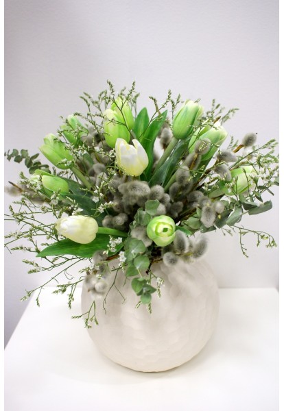 Jarní stálá kytice - tulipány, kočičky, statice - včetně vázy